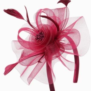 Deep Red Fascinator Tulle Flower Beads Feathers Headband Tea Weddings Church